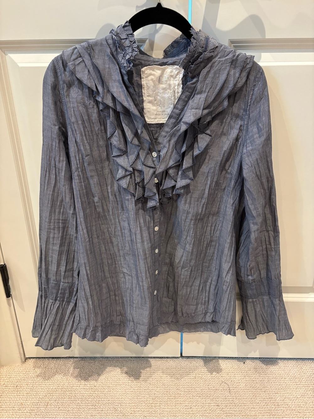 Cino Ruffled Button-Front Women's Blouse in Slate Blue. Two for sale priced each